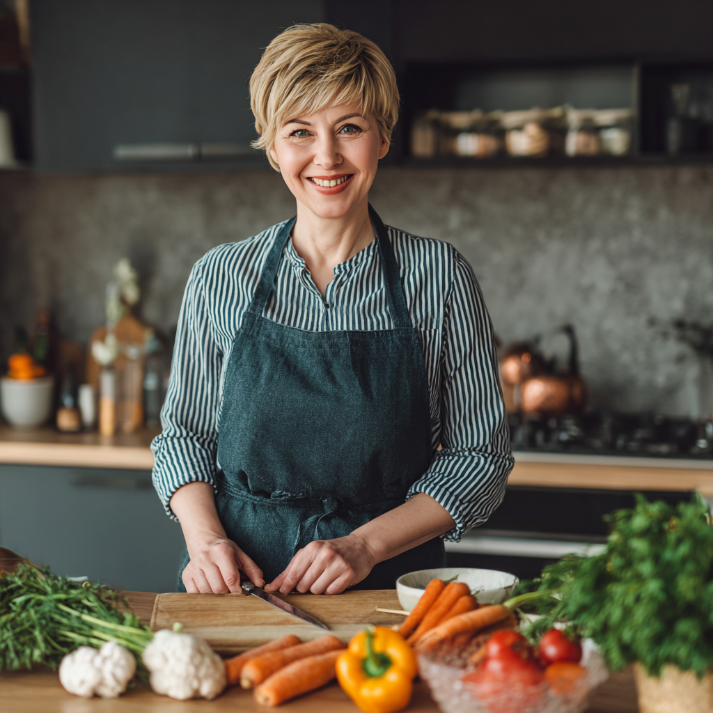 Happy middle-aged Ukrainian woman preparing healthy meal in modern kitchen, smiling while chopping fresh vegetables